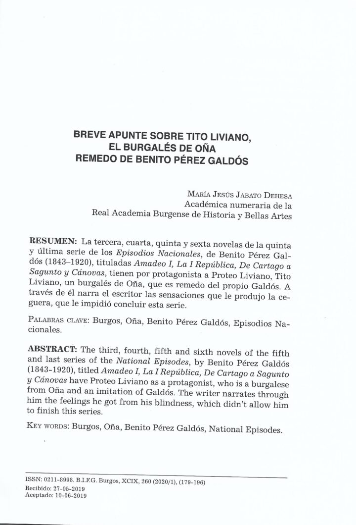 Breve apunte sobre Tito Liviano, el burgalés de Oña, remedo de Benito Pérez Galdós