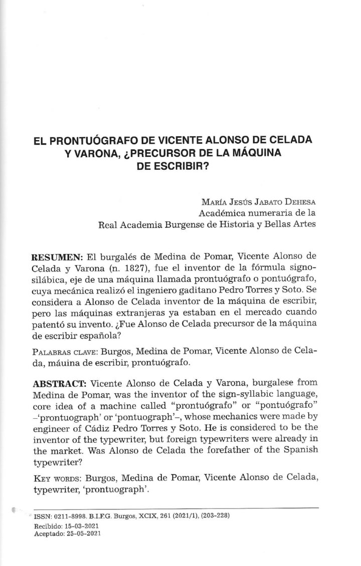 El prontuógrafo de Vicente Alonso de Celada y Varona. ¿Precursor de la máquina de escribir?