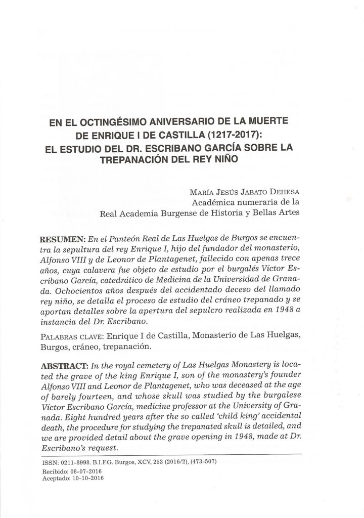 En el octingésimo aniversario de la muerte de Enrique I de Castilla (1217-2017): El estudio del Dr. Escribano García sobre la trepanación del rey niño