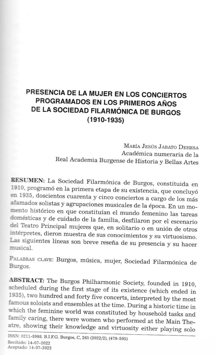 Presencia de la mujer en los conciertos programados en los primeros años de la Sociedad Filarmónica de Burgos (1910-1926)